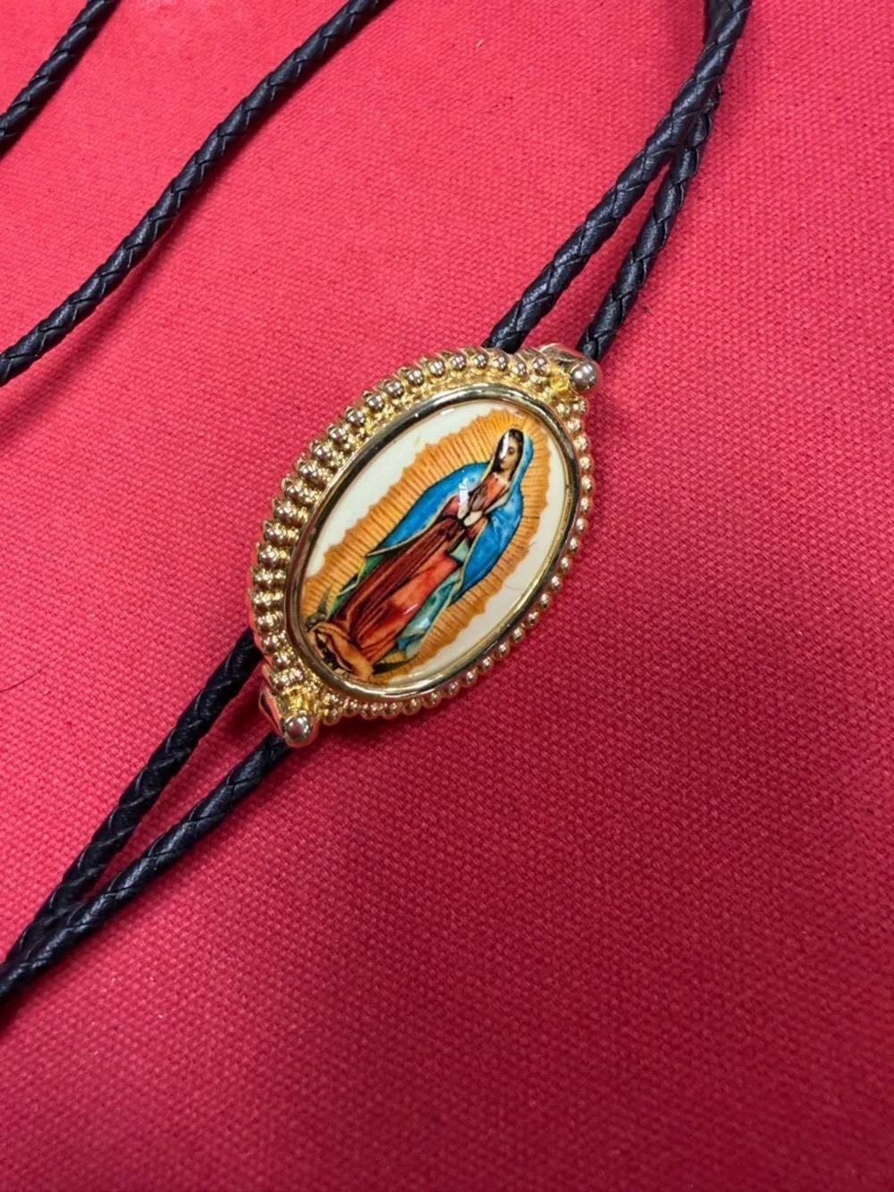 Our Lady of Guadalupe Framed Goldtone Bolo Tie Goldtone Decorative Tips